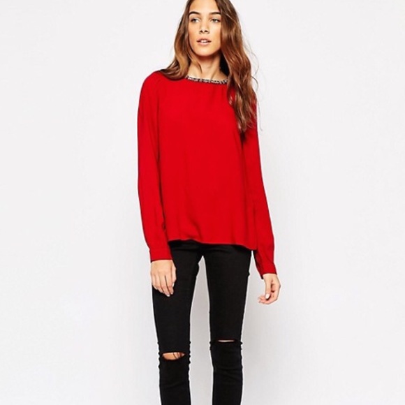 ASOS Tops - ASOS | Red Embellished Neckline Top Button Back